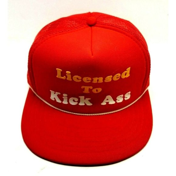 Vintage 1980’s LICENSED TO KICK ASS Red Snapback Trucker Hat Cap String (DM2) - Picture 3 of 8